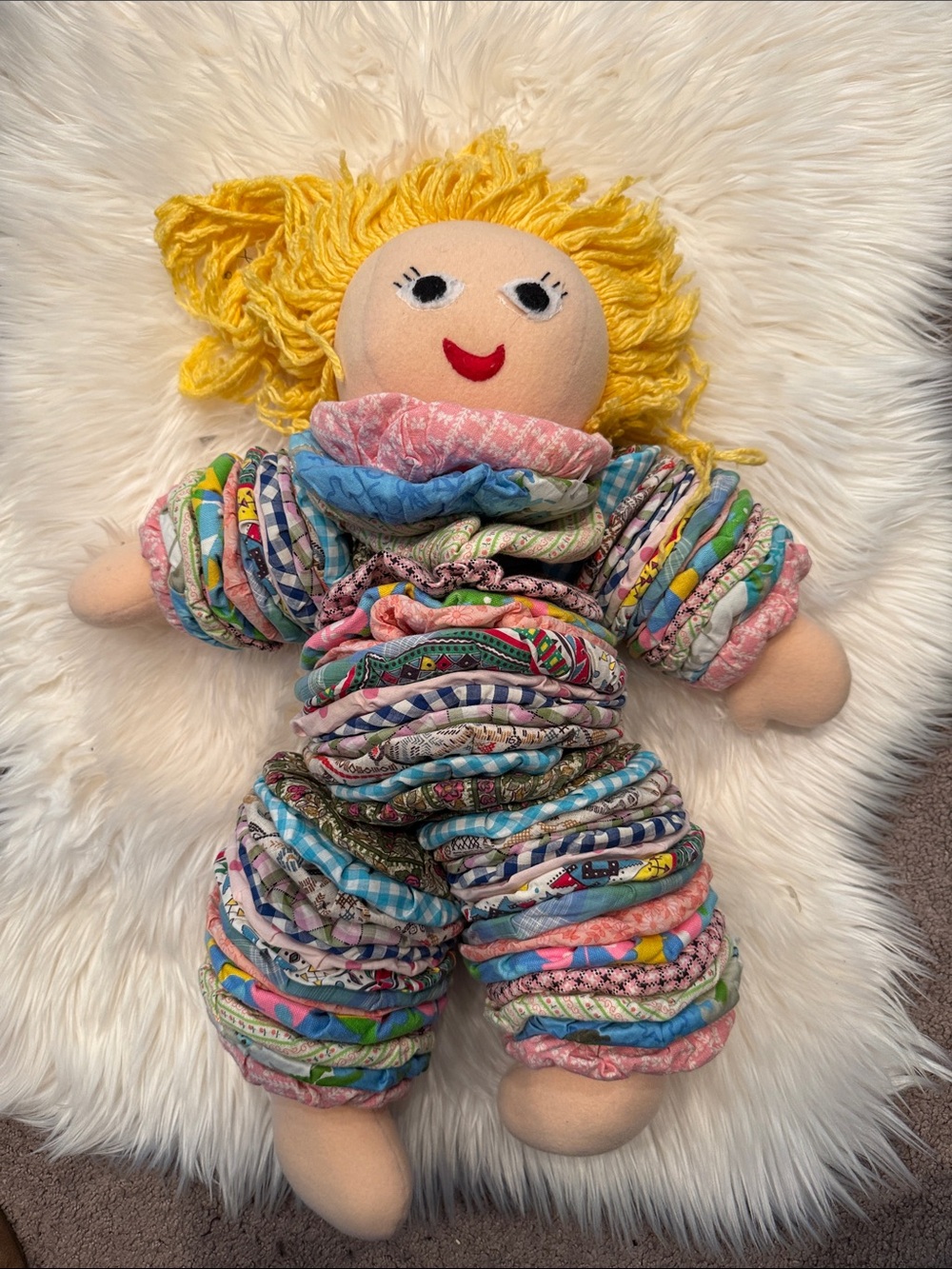 Yo Yo handmade rag doll made with many different materials